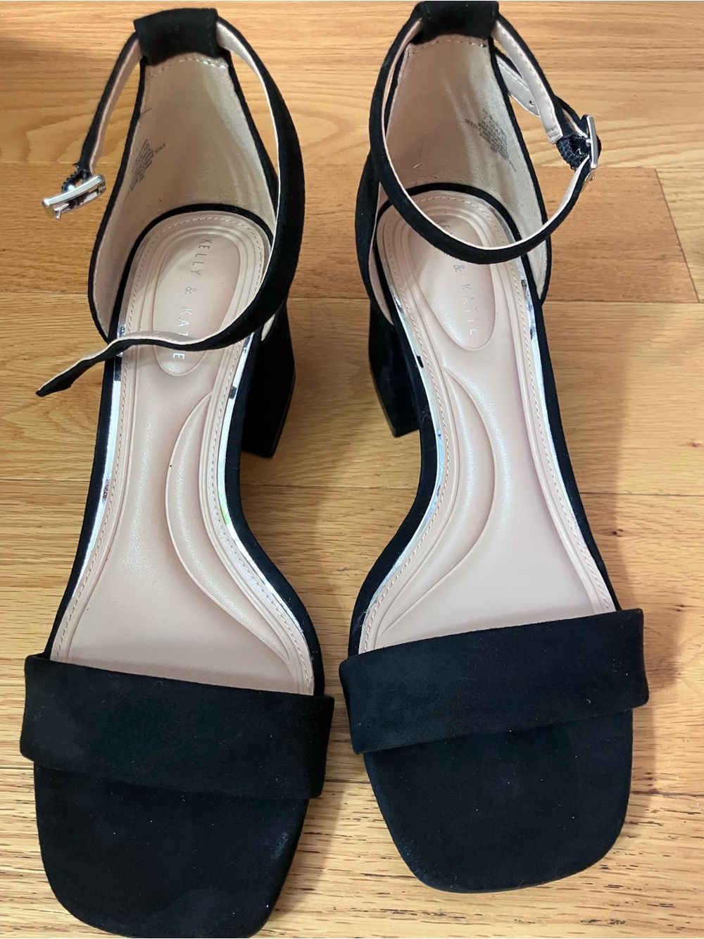 Kelly & Katie Black Suede Block Heel Sandals with Nude Insole